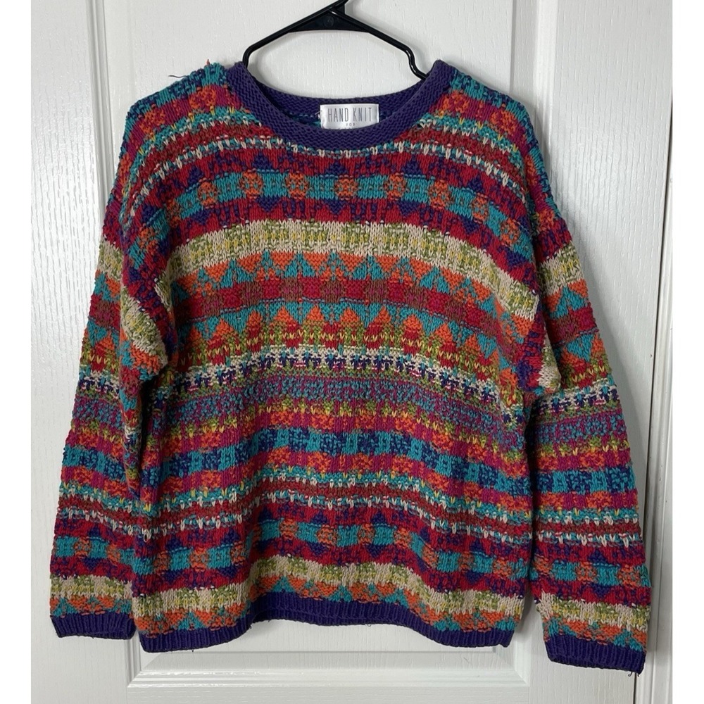 Vintage The Limited‎ Hand Knit Sweater Womens Large Multicolor Chunky Crochet